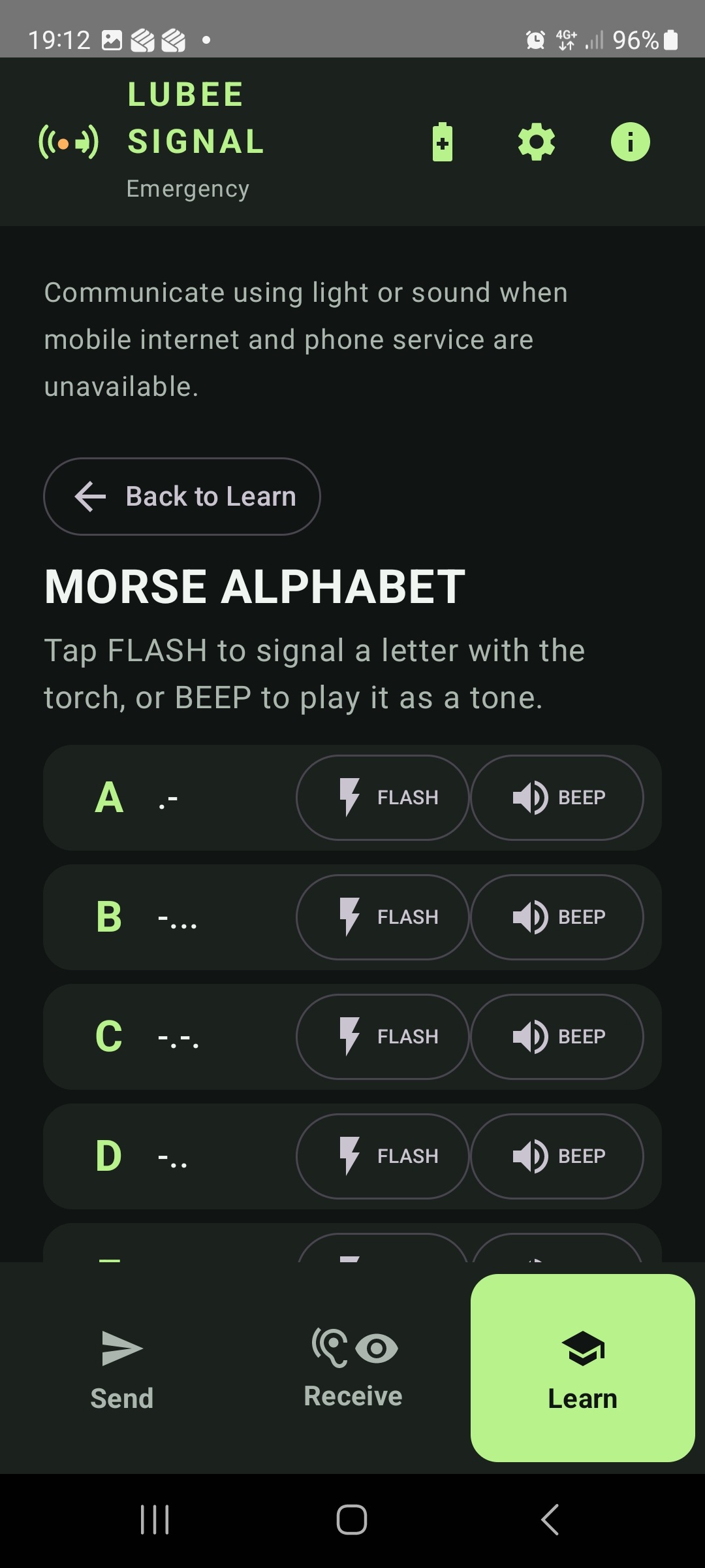 Lubee Signal app screenshot: Explore the Morse alphabet