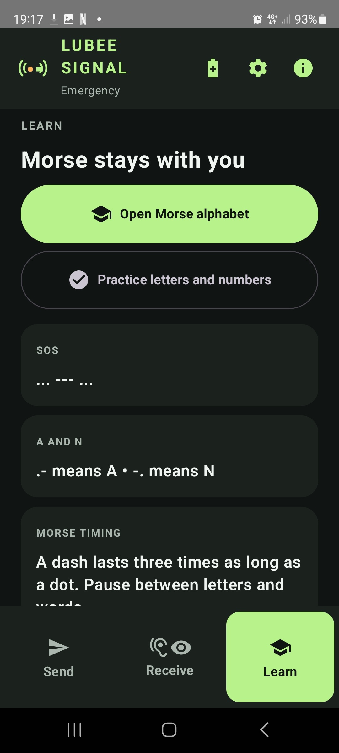 Lubee Signal app screenshot: Learn Morse timing