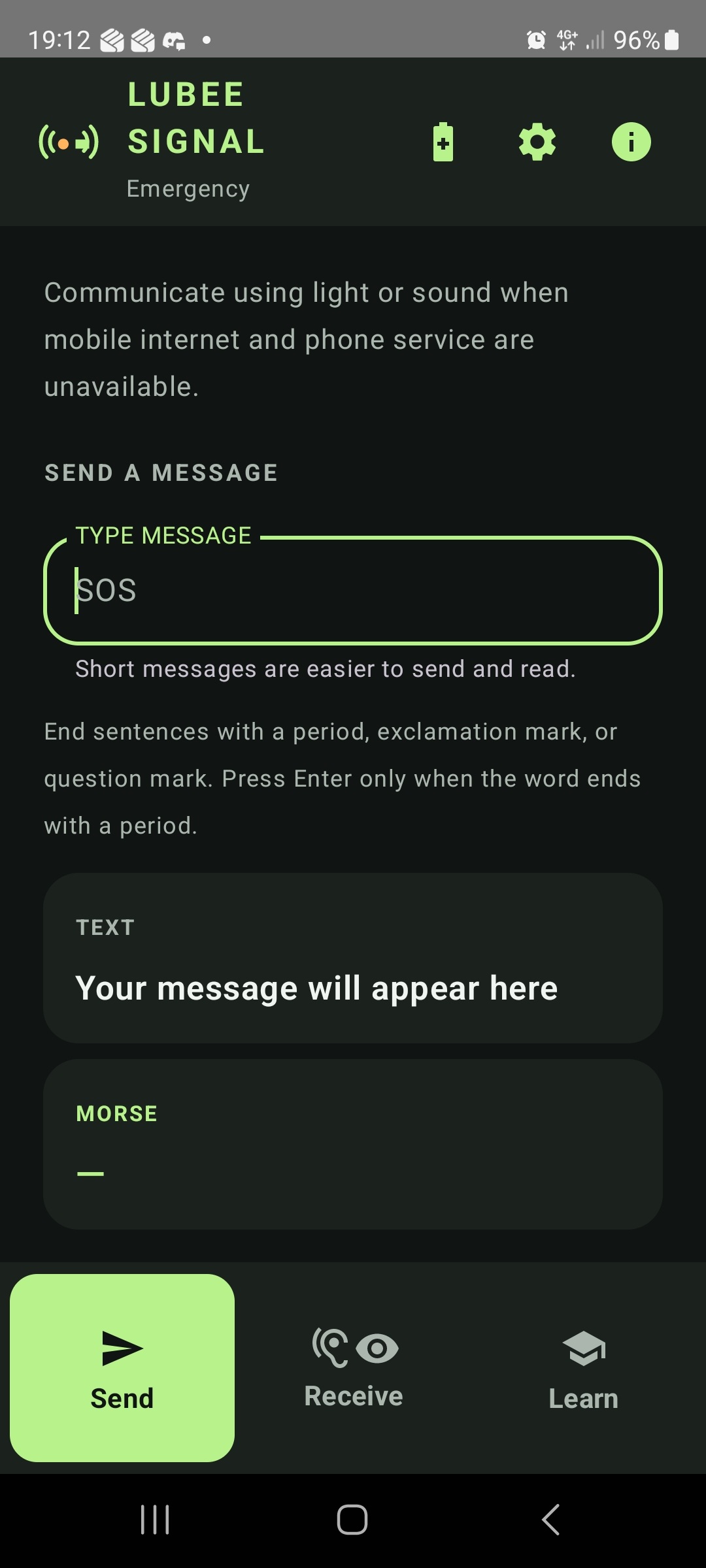 Lubee Signal opening screen, ready to compose a Morse message