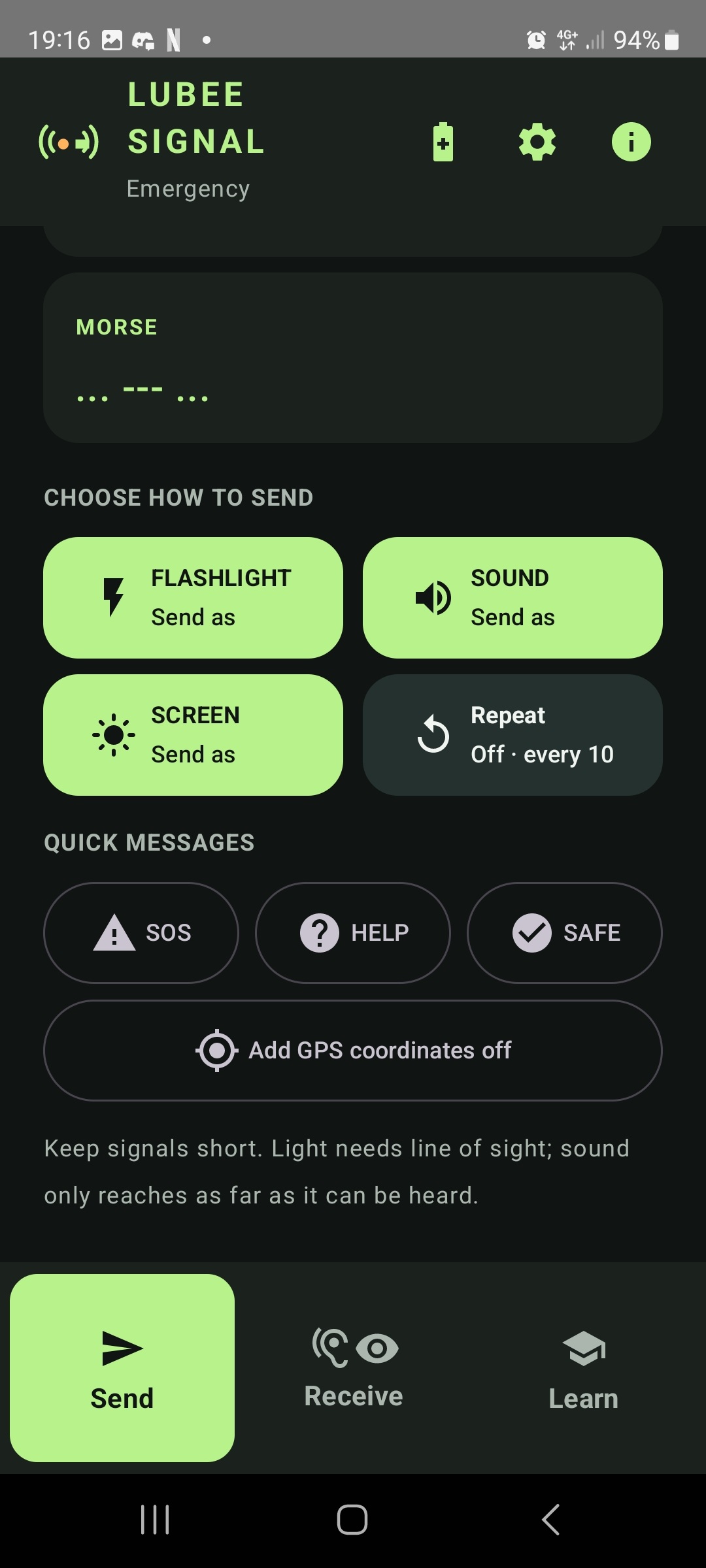 Lubee Signal app screenshot: Choose how to send