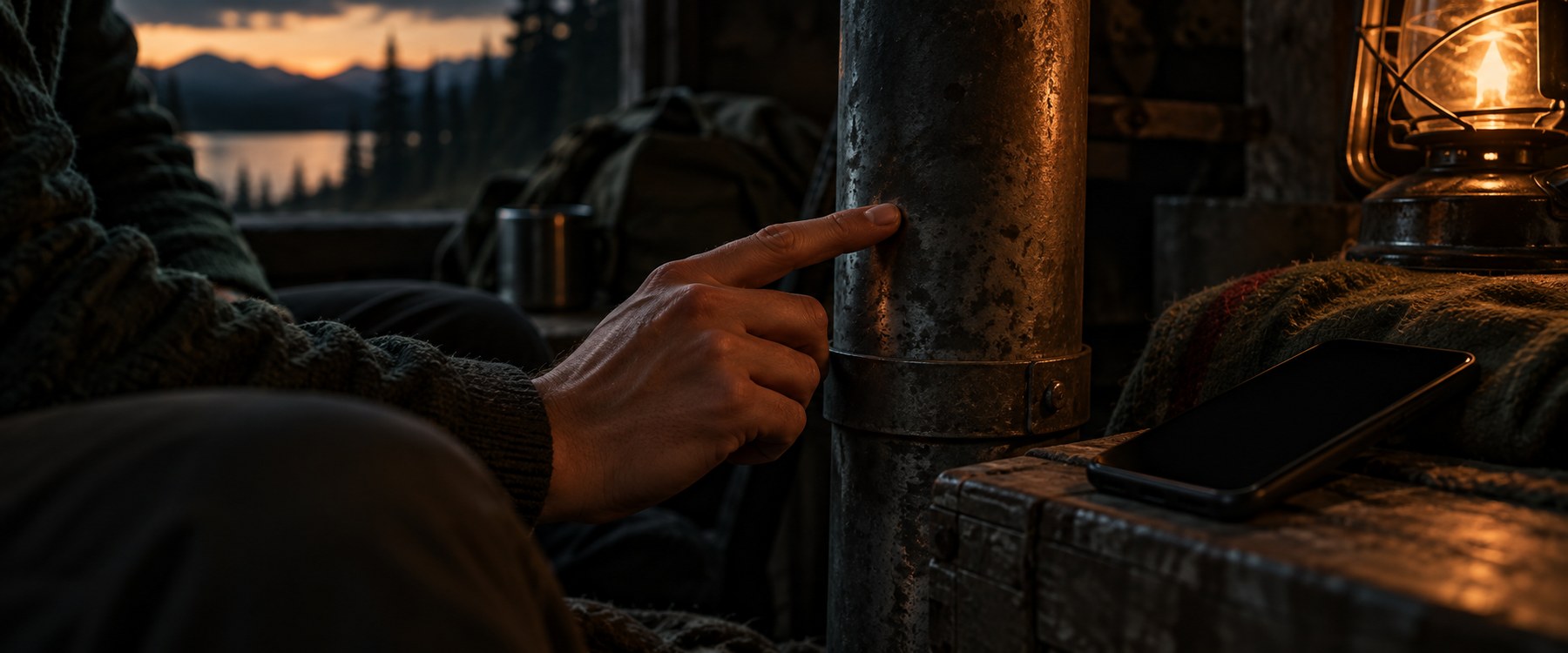 A hand taps Morse on a metal pipe beside a phone with a black screen